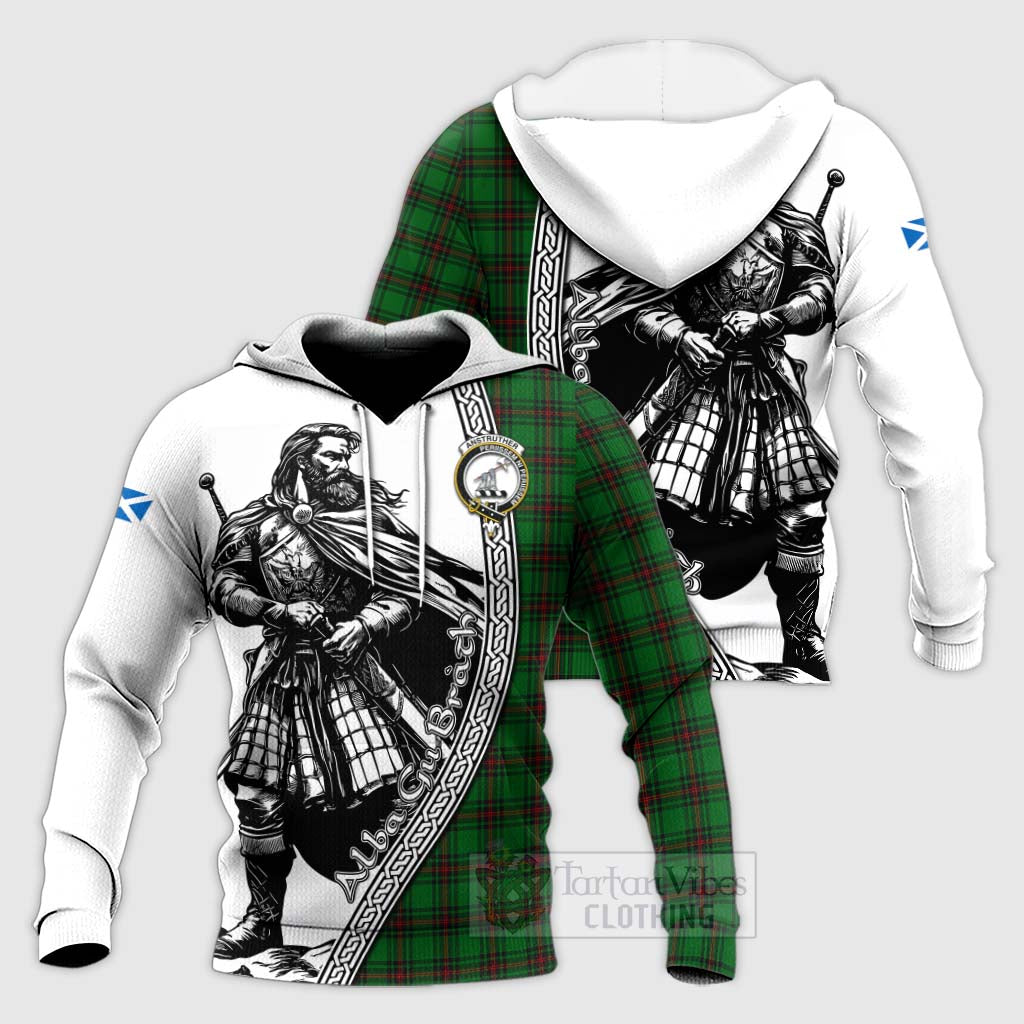 Tartan Vibes Clothing Anstruther Tartan Clan Crest Knitted Hoodie with Highlander Warrior Celtic Style