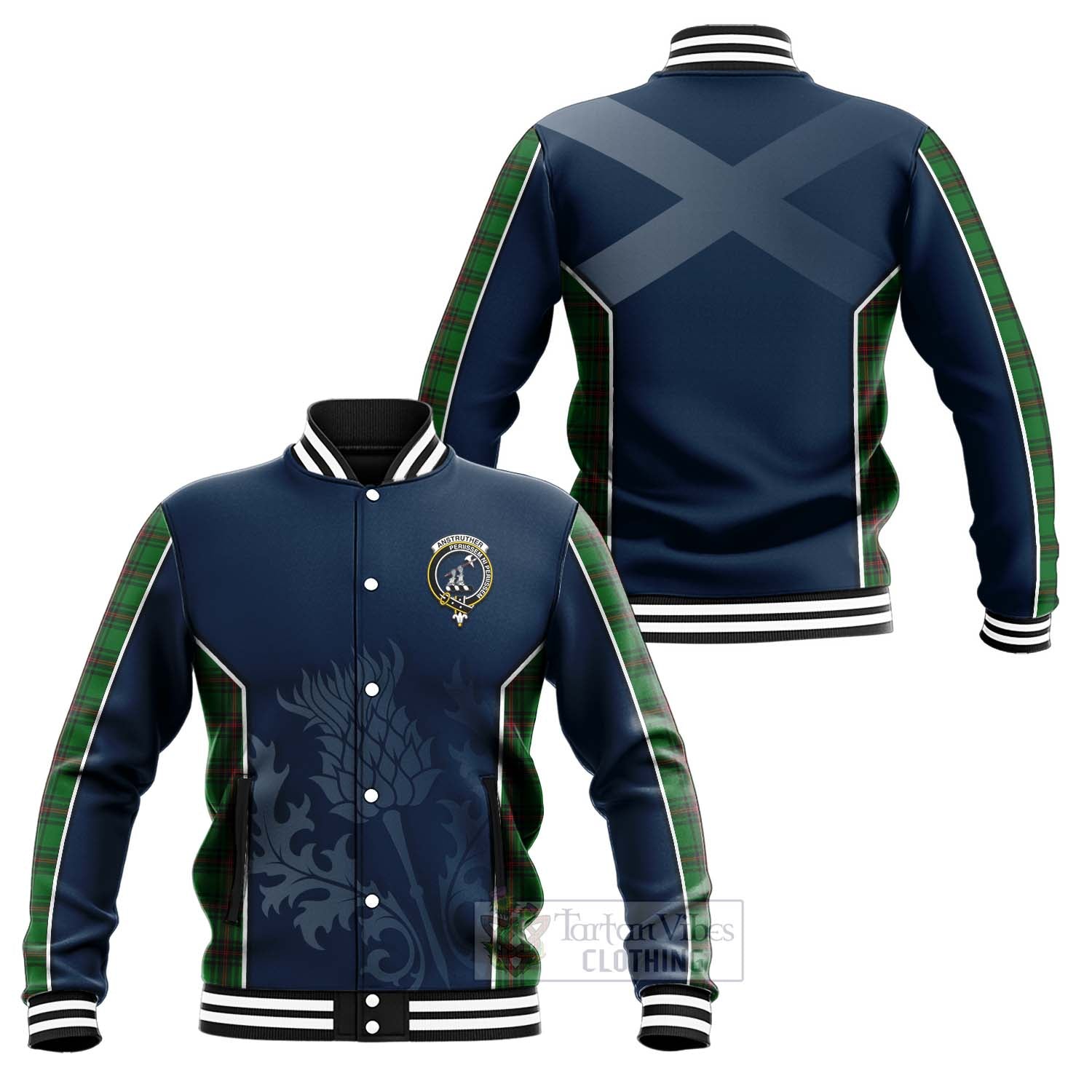 Tartan Vibes Clothing Anstruther Tartan Baseball Jacket with Family Crest and Scottish Thistle Vibes Sport Style