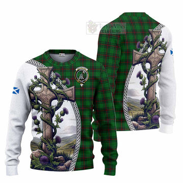 Anstruther Tartan Knitted Sweater with Family Crest and St. Andrew's Cross Accented by Thistle Vines Unisex - Tartan Vibes Clothing
