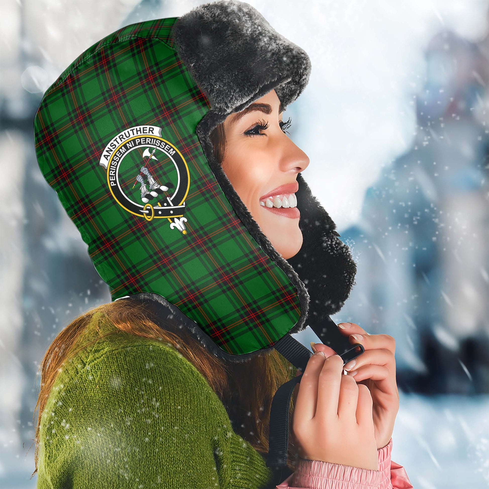 Anstruther Tartan Winter Trapper Hat with Family Crest Winter Trapper Hat Universal Fit Circumference 22.8in (58cm) - Tartanvibesclothing