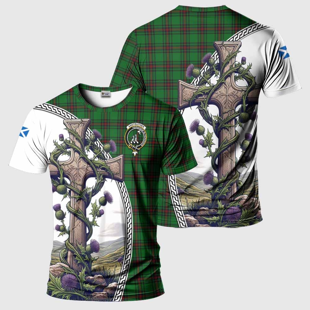 Tartan Vibes Clothing Anstruther Agnew Tartan T-Shirt with Family Crest and St. Andrew's Cross Accented by Thistle Vines