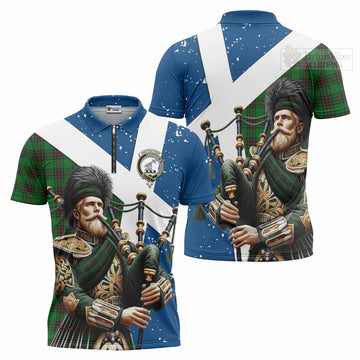 Anstruther Tartan Zipper Polo Shirt with Family Crest Scottish Bagpiper Vibes