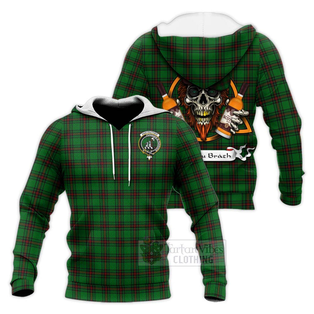 Tartan Vibes Clothing Anstruther Tartan Knitted Hoodie with Family Crest and Bearded Skull Holding Bottles of Whiskey