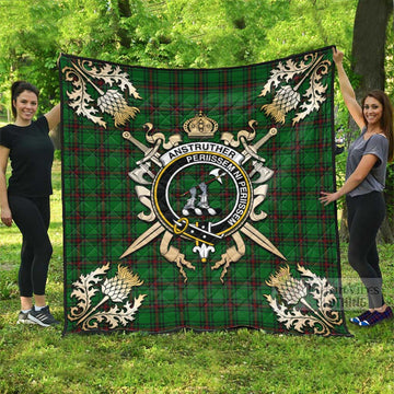 Anstruther Tartan Quilt with Family Crest and Golden Thistle Crossed Sword Design