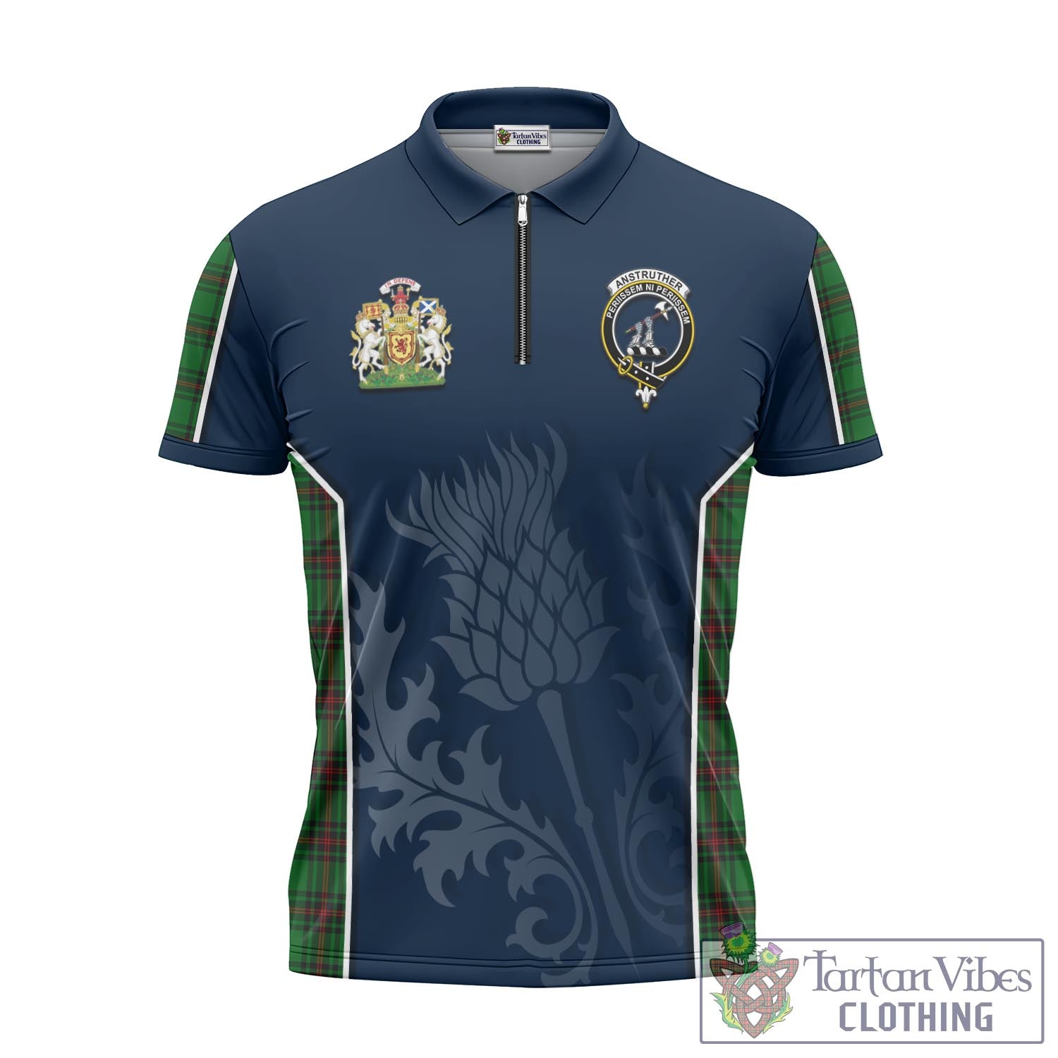 Tartan Vibes Clothing Anstruther Tartan Zipper Polo Shirt with Family Crest and Scottish Thistle Vibes Sport Style