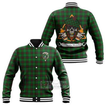 Anstruther Tartan Baseball Jacket with Family Crest and Bearded Skull Holding Bottles of Whiskey