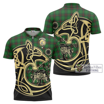 Anstruther Tartan Zipper Polo Shirt with Family Crest Celtic Wolf Style