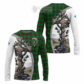 Anstruther Tartan Long Sleeve T-Shirt with Family Crest and St. Andrew's Cross Accented by Thistle Vines Unisex - Tartan Vibes Clothing