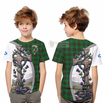 Anstruther Tartan Kid T-Shirt with Family Crest and St. Andrew's Cross Accented by Thistle Vines Youth XL Size14 - Tartan Vibes Clothing