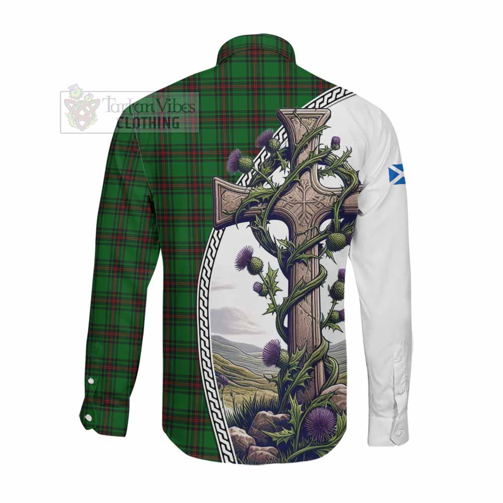 Anstruther Tartan Long Sleeve Button Shirt with Family Crest and St. Andrew's Cross Accented by Thistle Vines Men's Shirt - Tartan Vibes Clothing
