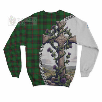 Anstruther Tartan Sweatshirt with Family Crest and St. Andrew's Cross Accented by Thistle Vines - Tartan Vibes Clothing