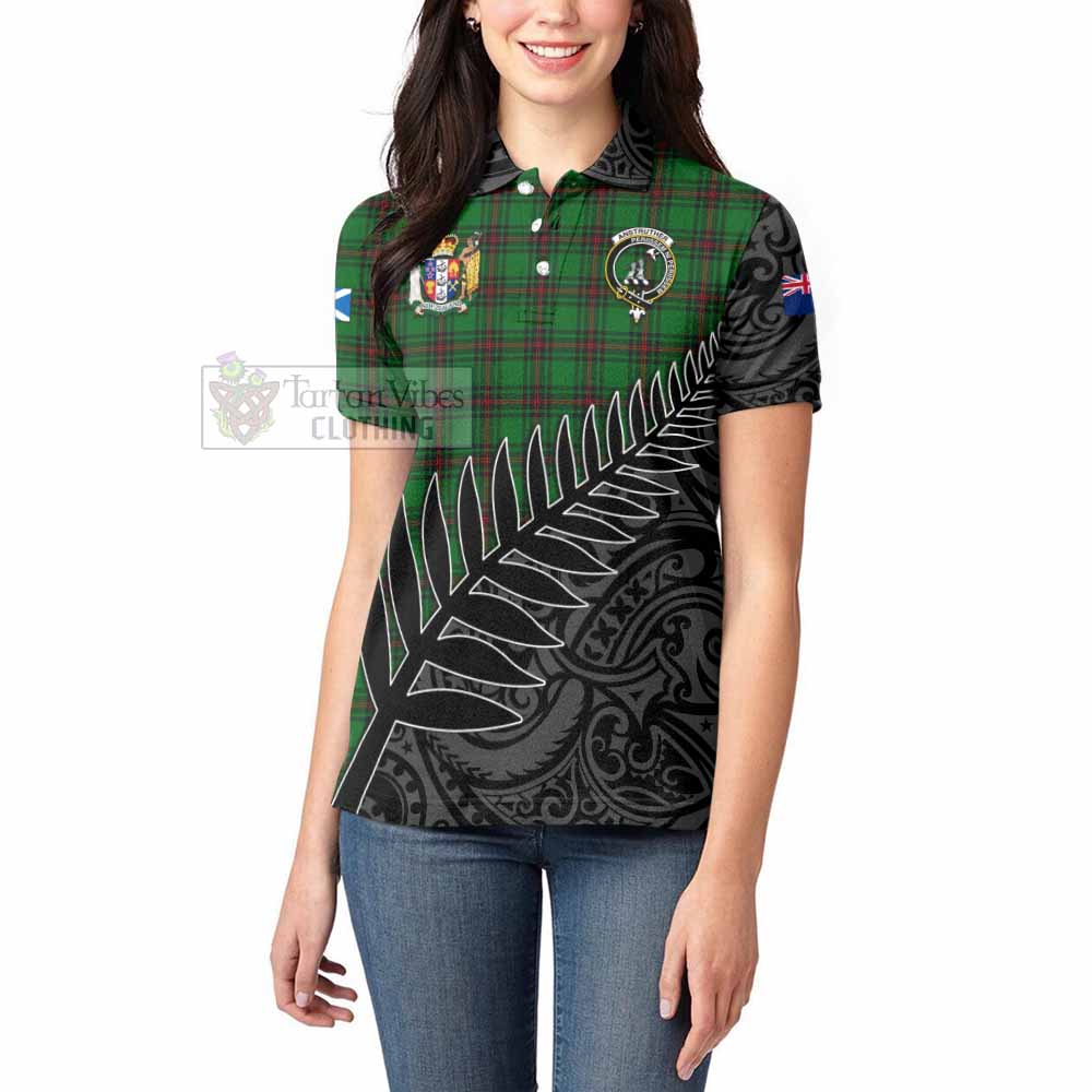 Tartan Vibes Clothing Anstruther Crest Tartan Women's Polo Shirt with New Zealand Silver Fern Half Style