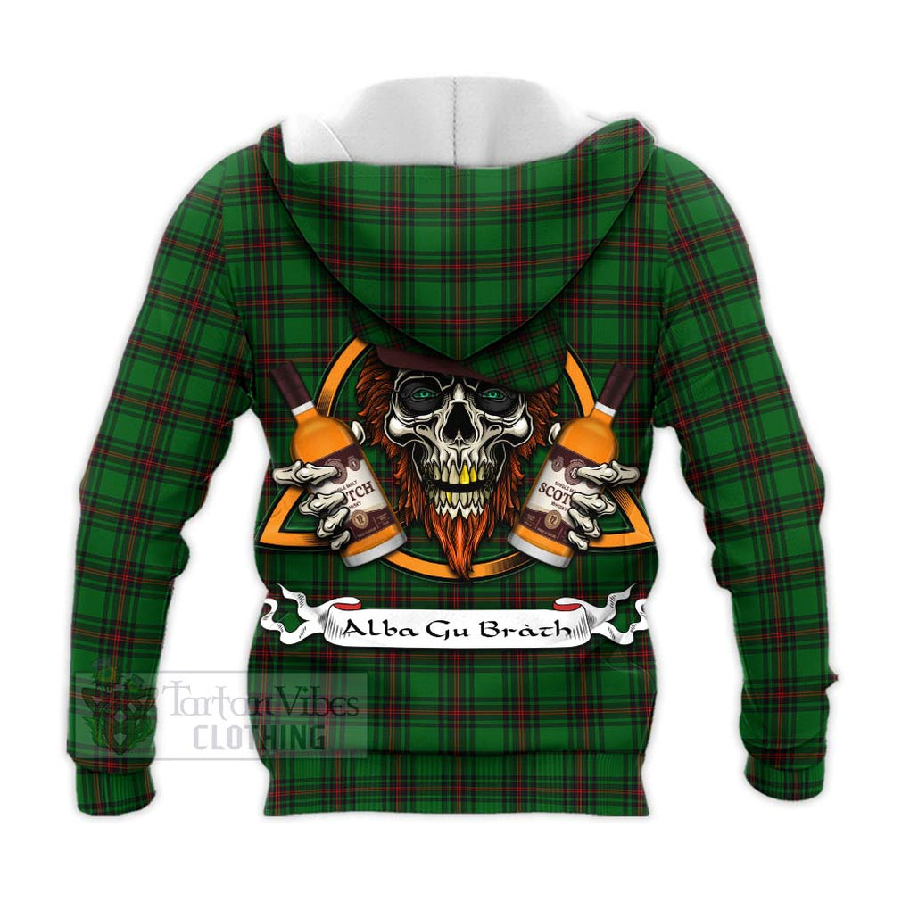 Tartan Vibes Clothing Anstruther Tartan Knitted Hoodie with Family Crest and Bearded Skull Holding Bottles of Whiskey