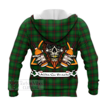 Anstruther Tartan Knitted Hoodie with Family Crest and Bearded Skull Holding Bottles of Whiskey