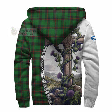 Anstruther Tartan Sherpa Hoodie with Family Crest and St. Andrew's Cross Accented by Thistle Vines - Tartan Vibes Clothing