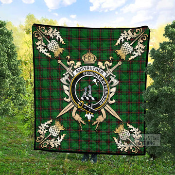 Anstruther Tartan Quilt with Family Crest and Golden Thistle Crossed Sword Design