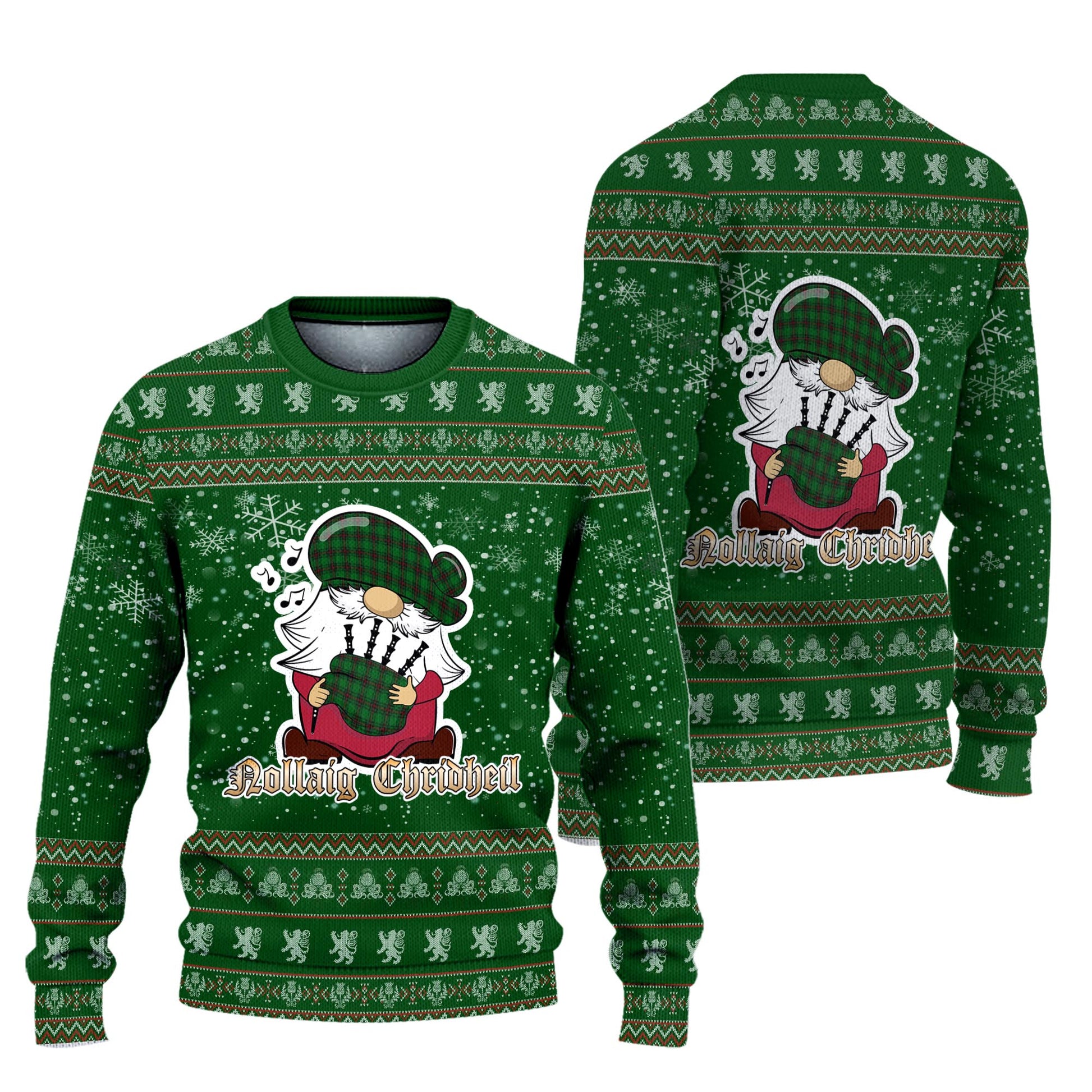 Anstruther Clan Christmas Family Knitted Sweater with Funny Gnome Playing Bagpipes Unisex Green - Tartanvibesclothing