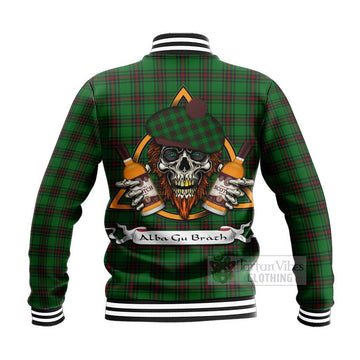 Anstruther Tartan Baseball Jacket with Family Crest and Bearded Skull Holding Bottles of Whiskey