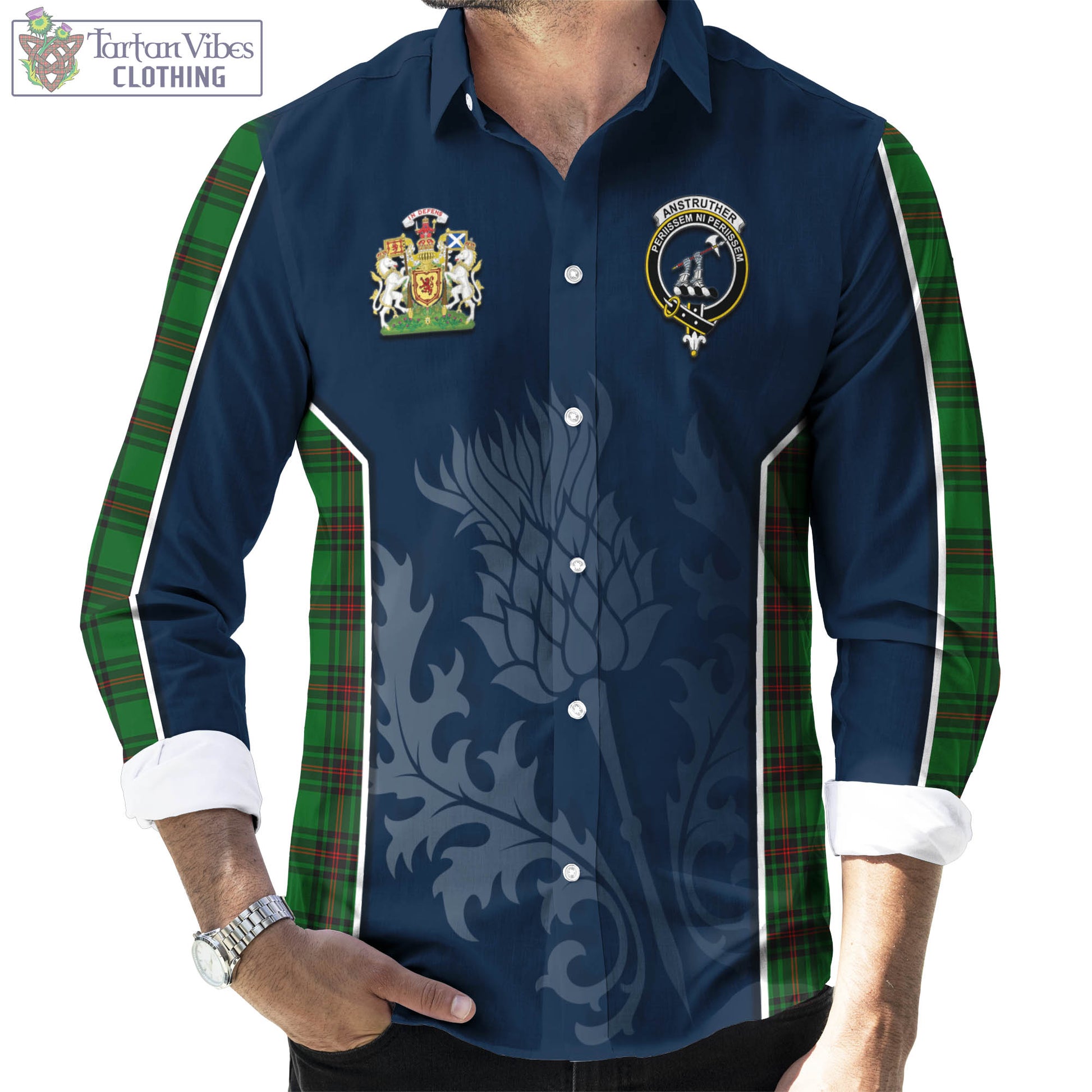 Tartan Vibes Clothing Anstruther Tartan Long Sleeve Button Up Shirt with Family Crest and Scottish Thistle Vibes Sport Style