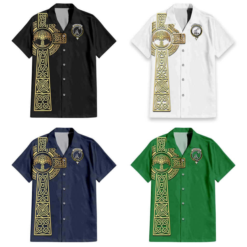 Anstruther Clan Mens Short Sleeve Button Up Shirt with Golden Celtic Tree Of Life - Tartanvibesclothing