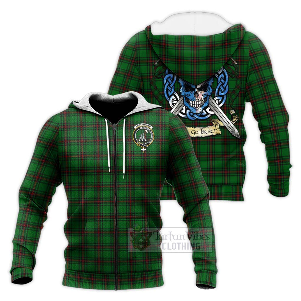 Tartan Vibes Clothing Anstruther Tartan Knitted Hoodie with Family Crest Celtic Skull Style