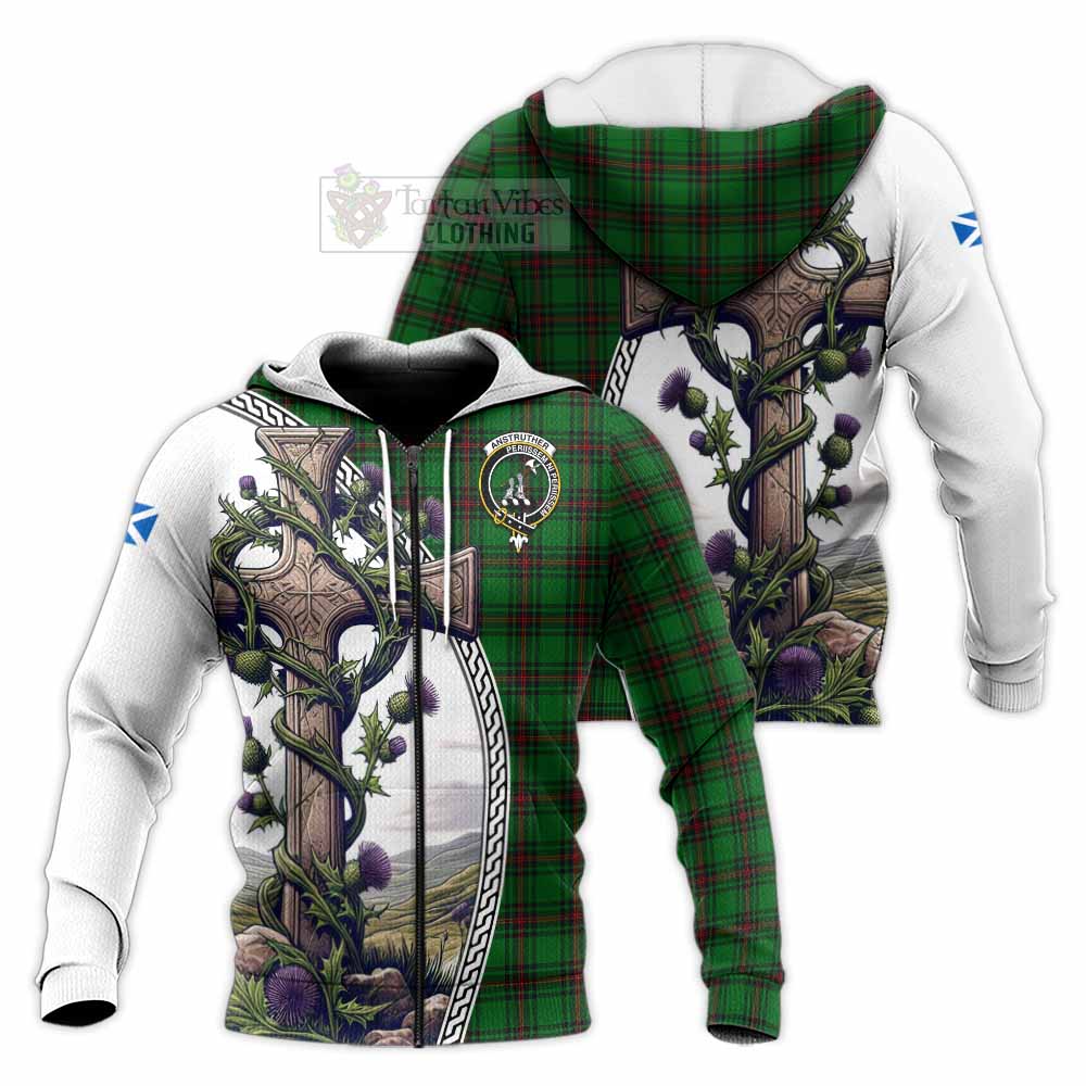 Tartan Vibes Clothing Anstruther Tartan Knitted Hoodie with Family Crest and St. Andrew's Cross Accented by Thistle Vines