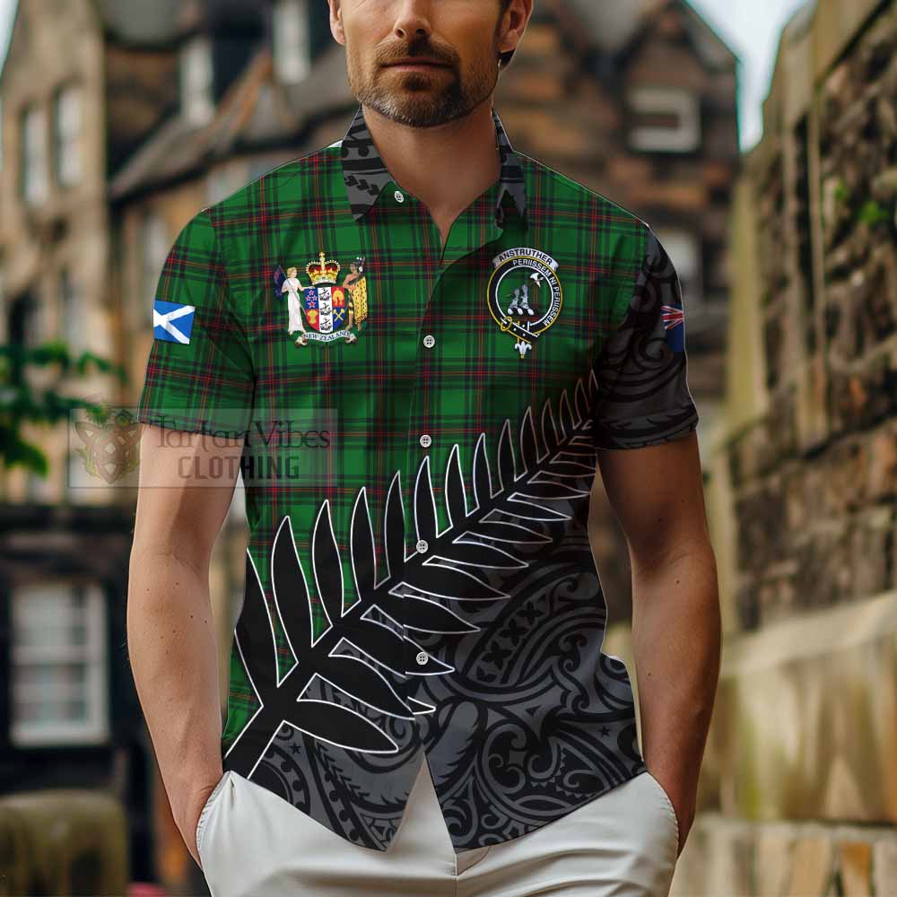 Tartan Vibes Clothing Anstruther Crest Tartan Short Sleeve Button Shirt with New Zealand Silver Fern Half Style