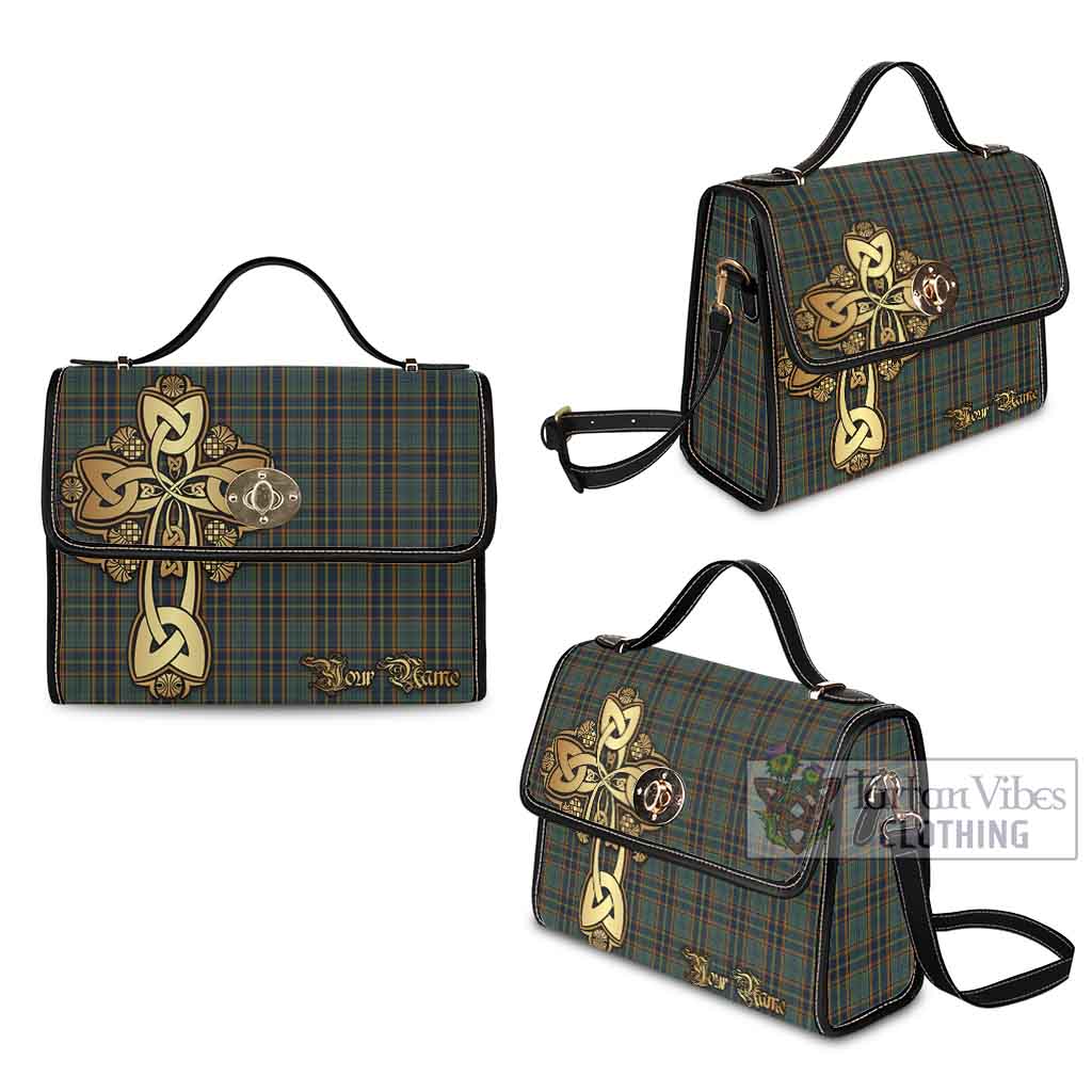 Tartan Vibes Clothing Antrim County Ireland Tartan Waterproof Canvas Bag Golden Thistle Celtic Cross Style