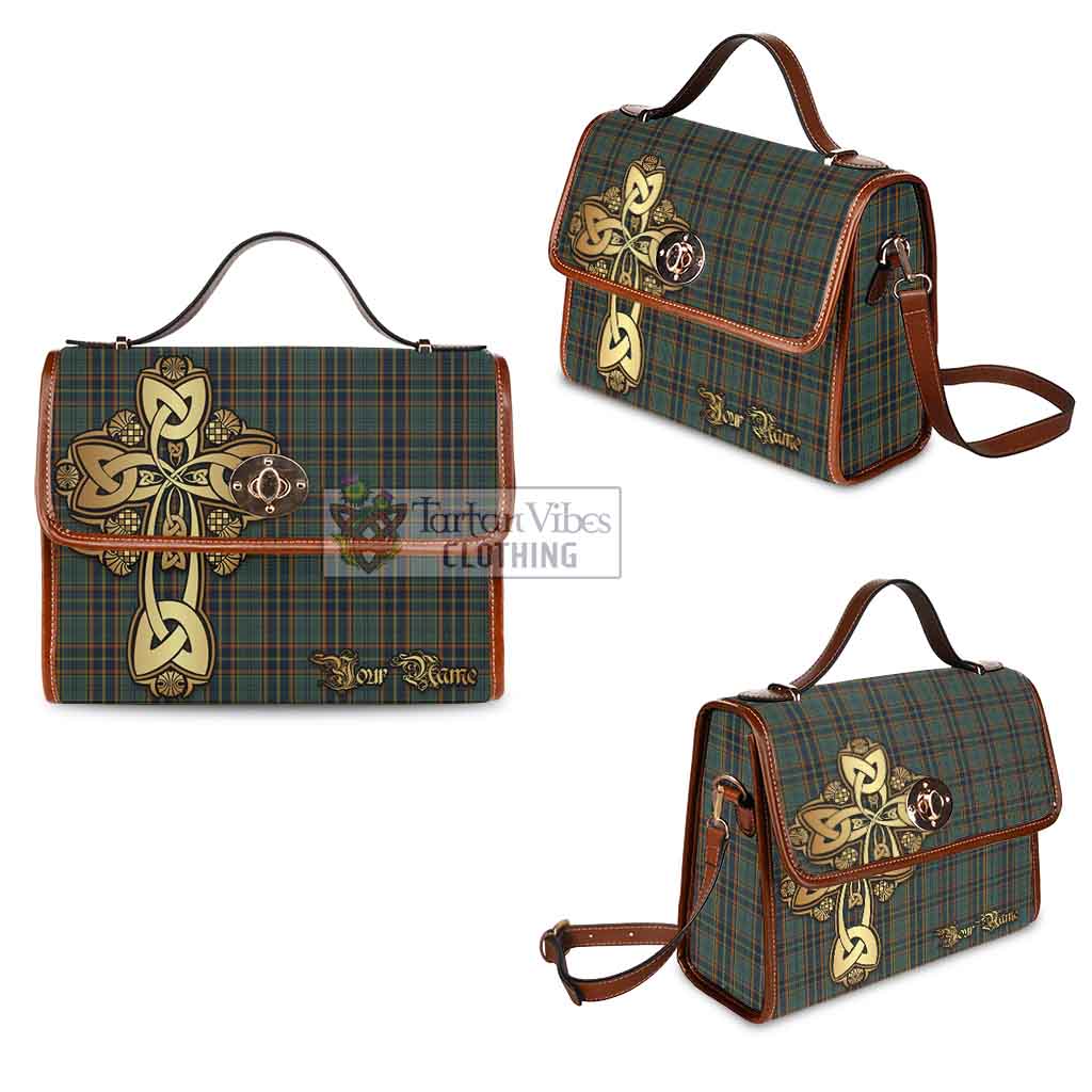 Tartan Vibes Clothing Antrim County Ireland Tartan Waterproof Canvas Bag Golden Thistle Celtic Cross Style