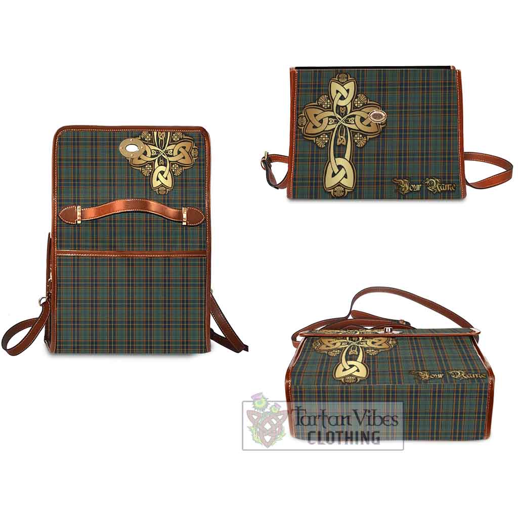 Tartan Vibes Clothing Antrim County Ireland Tartan Waterproof Canvas Bag Golden Thistle Celtic Cross Style