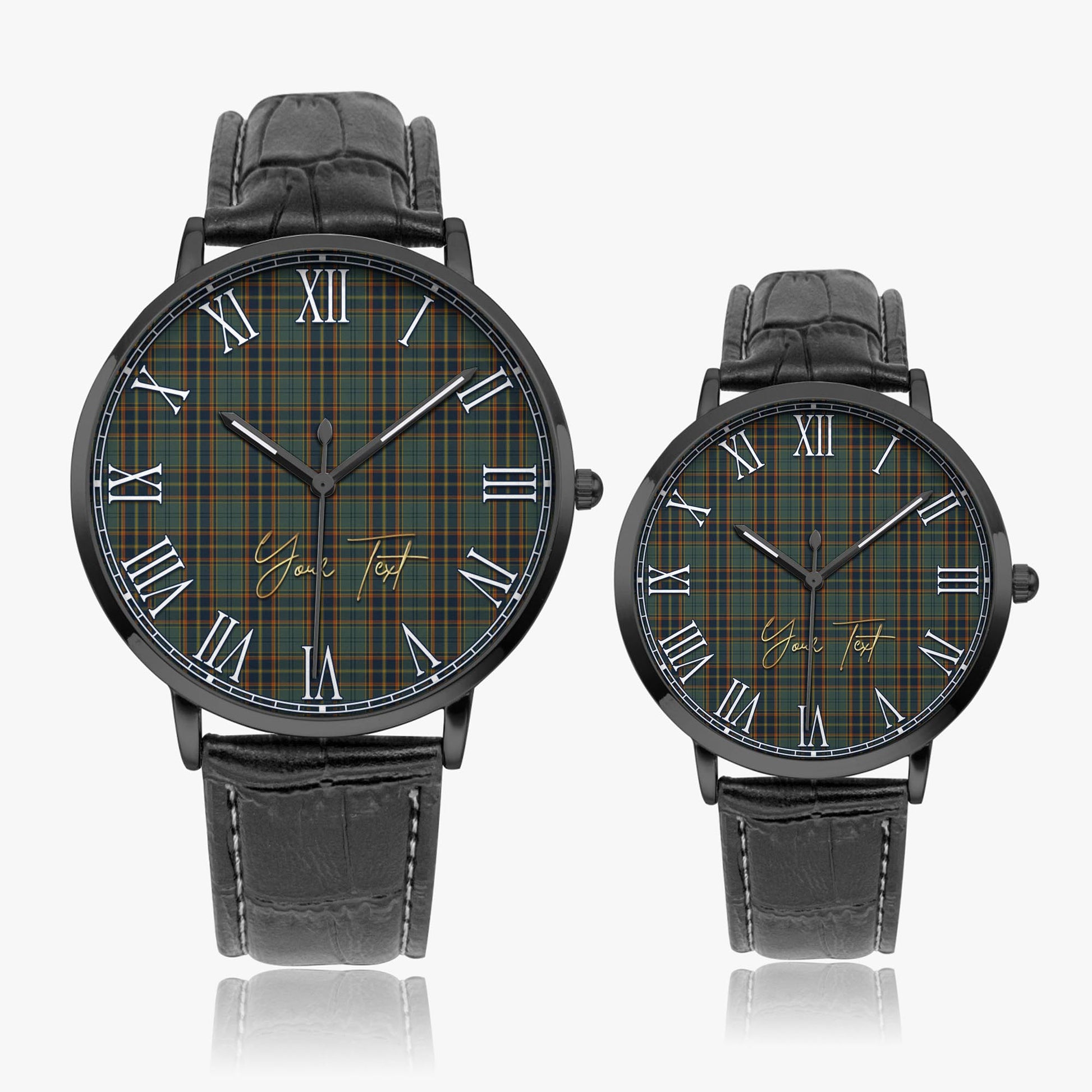 Antrim County Ireland Tartan Personalized Your Text Leather Trap Quartz Watch Ultra Thin Black Case With Black Leather Strap - Tartanvibesclothing