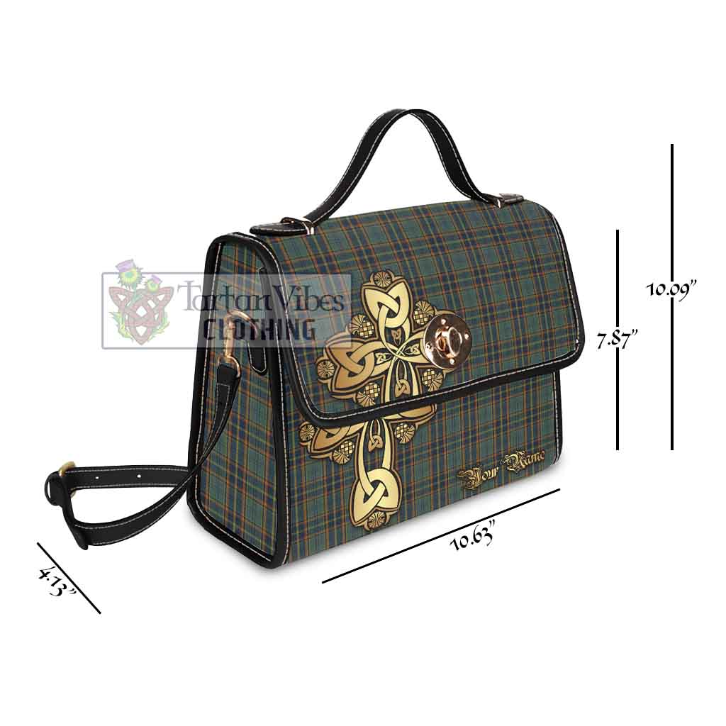 Tartan Vibes Clothing Antrim County Ireland Tartan Waterproof Canvas Bag Golden Thistle Celtic Cross Style