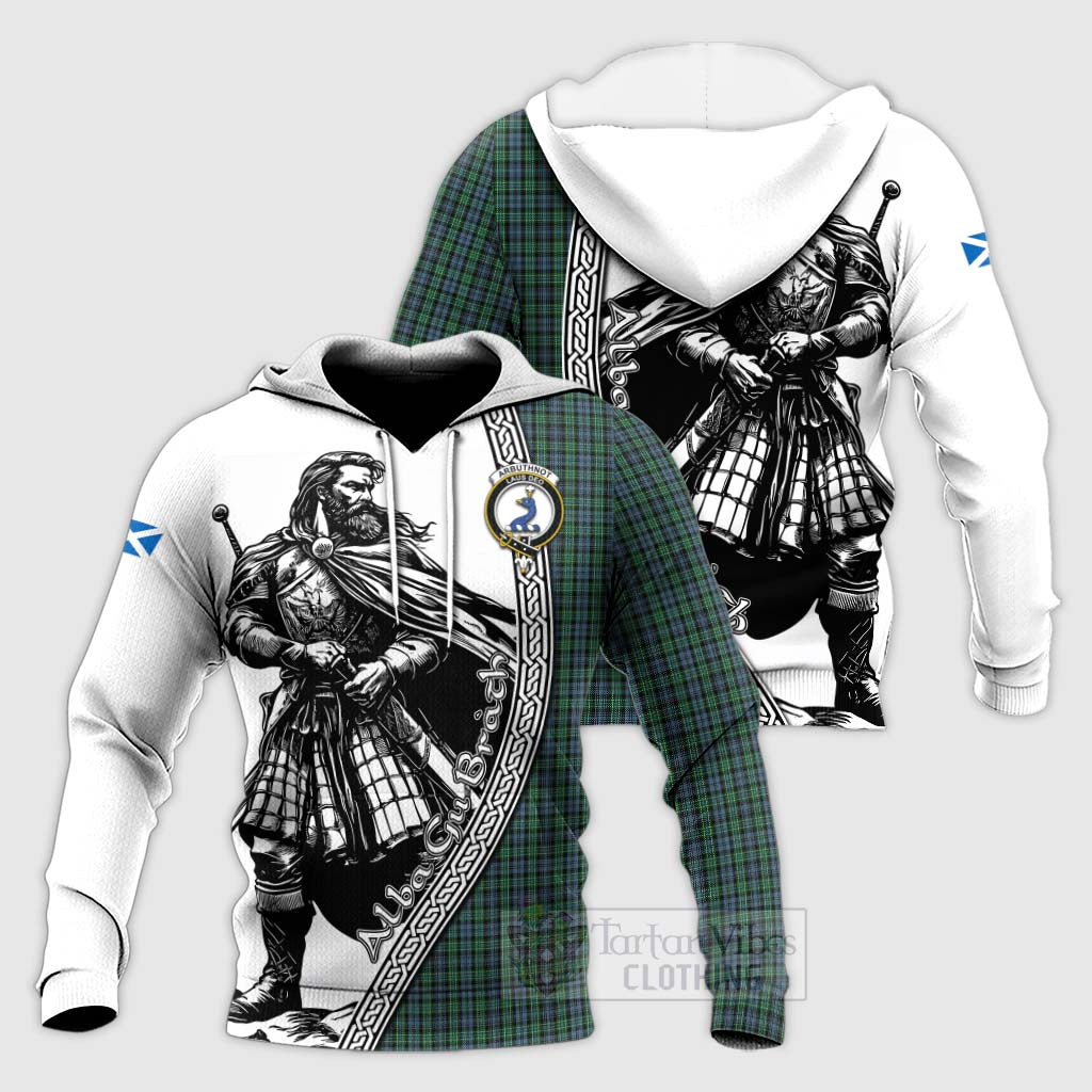 Arbuthnot Tartan Clan Crest Knitted Hoodie with Highlander Warrior Celtic Style Unisex Knitted Pullover Hoodie - Tartan Vibes Clothing