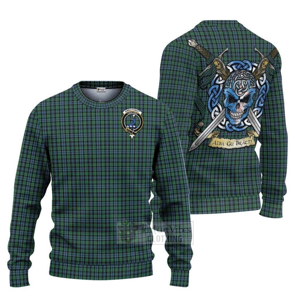 Tartan Vibes Clothing Arbuthnot Tartan Knitted Sweater with Family Crest Celtic Skull Style