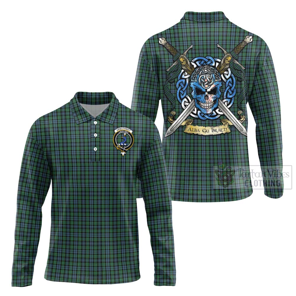 Tartan Vibes Clothing Arbuthnot Tartan Long Sleeve Polo Shirt with Family Crest Celtic Skull Style