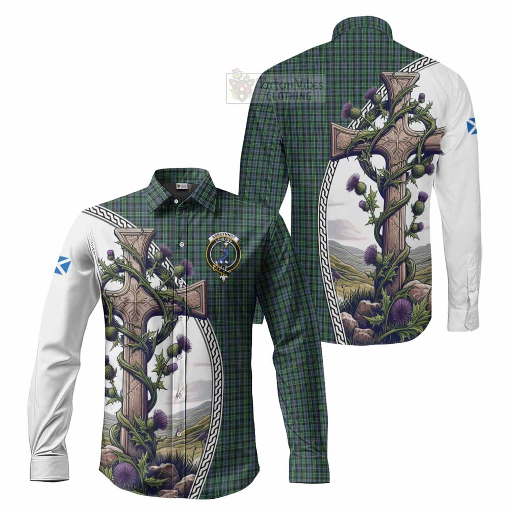 Tartan Vibes Clothing Arbuthnot Tartan Long Sleeve Button Shirt with Family Crest and St. Andrew's Cross Accented by Thistle Vines