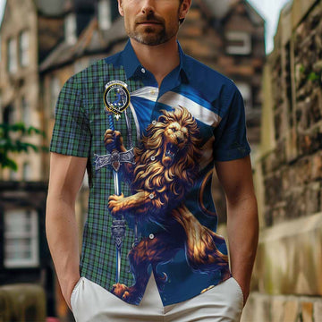 Arbuthnot Tartan Family Crest Short Sleeve Button Shirt with Scottish Majestic Lion