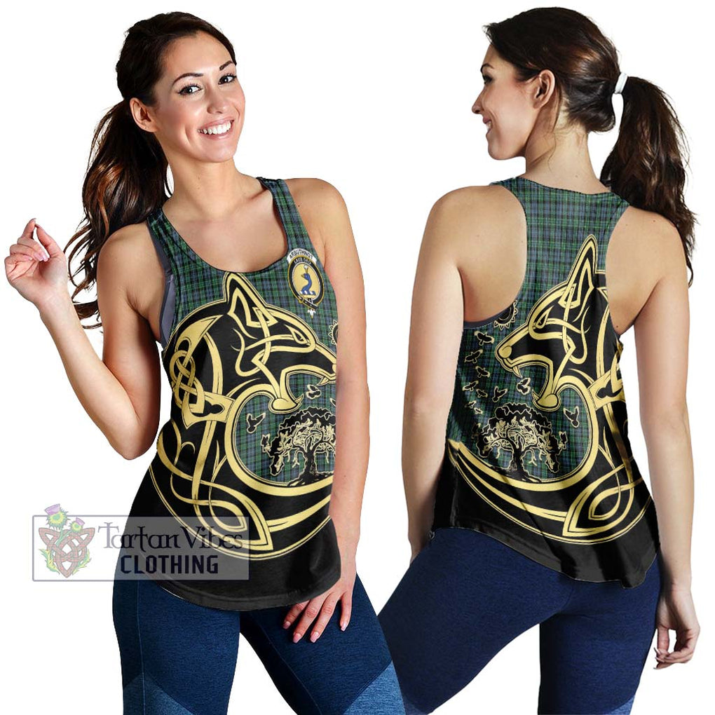 Arbuthnot Tartan Women's Racerback Tanks with Family Crest Celtic Wolf Style 4XL - Tartan Vibes Clothing