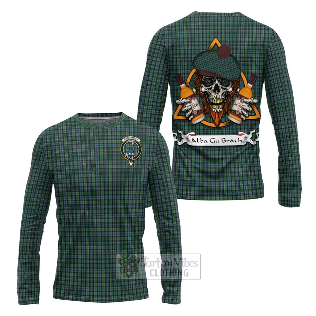 Tartan Vibes Clothing Arbuthnot Tartan Long Sleeve T-Shirt with Family Crest and Bearded Skull Holding Bottles of Whiskey