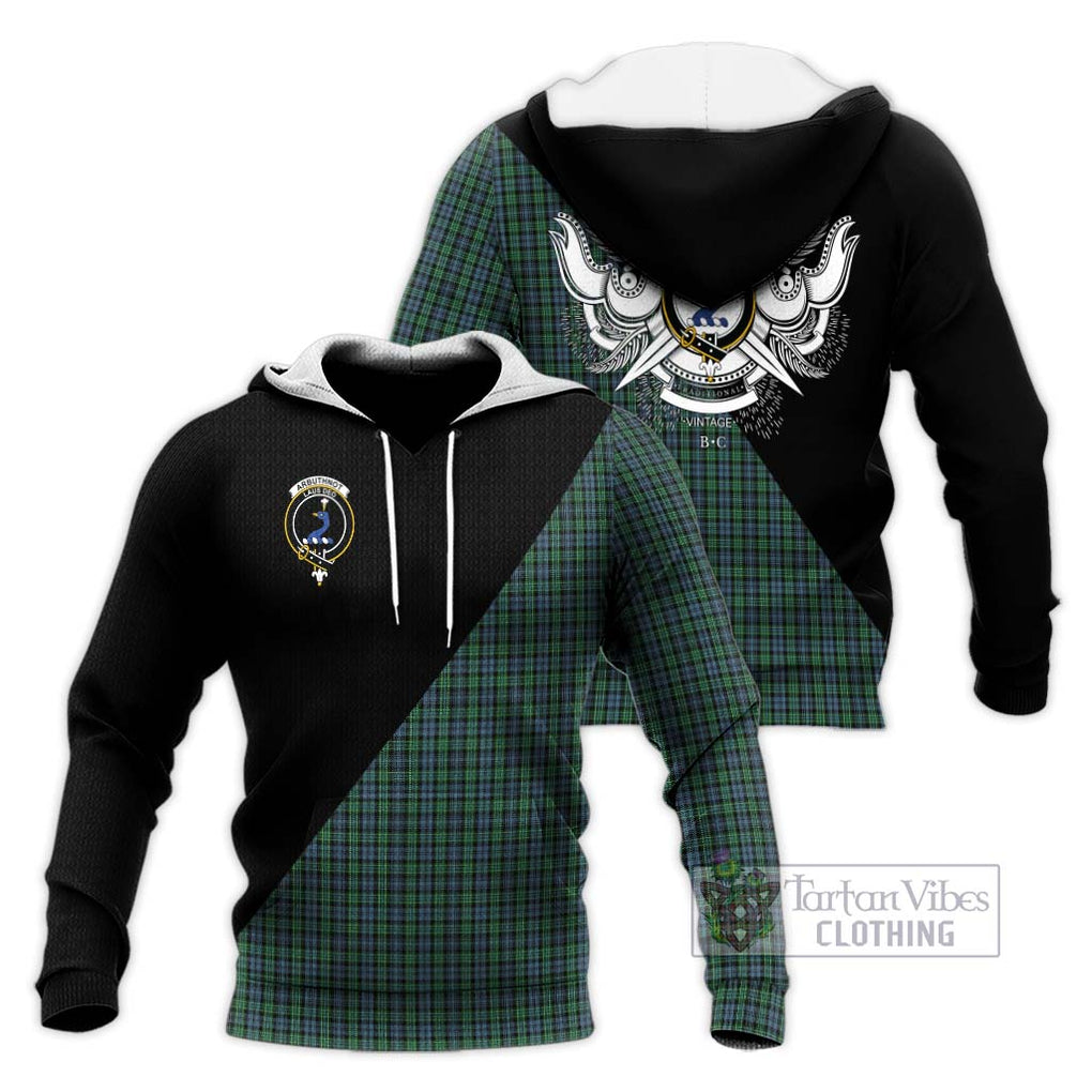 Arbuthnot Tartan Knitted Hoodie with Family Crest and Military Logo Style Unisex Knitted Pullover Hoodie - Tartanvibesclothing Shop