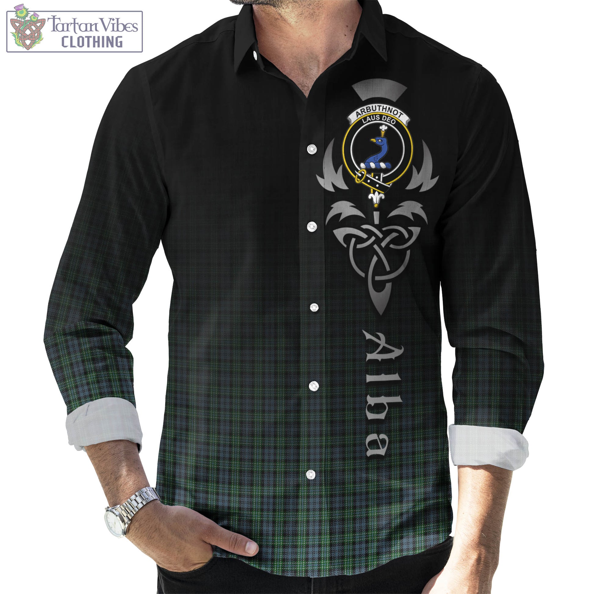 Tartan Vibes Clothing Arbuthnot Tartan Long Sleeve Button Up Featuring Alba Gu Brath Family Crest Celtic Inspired