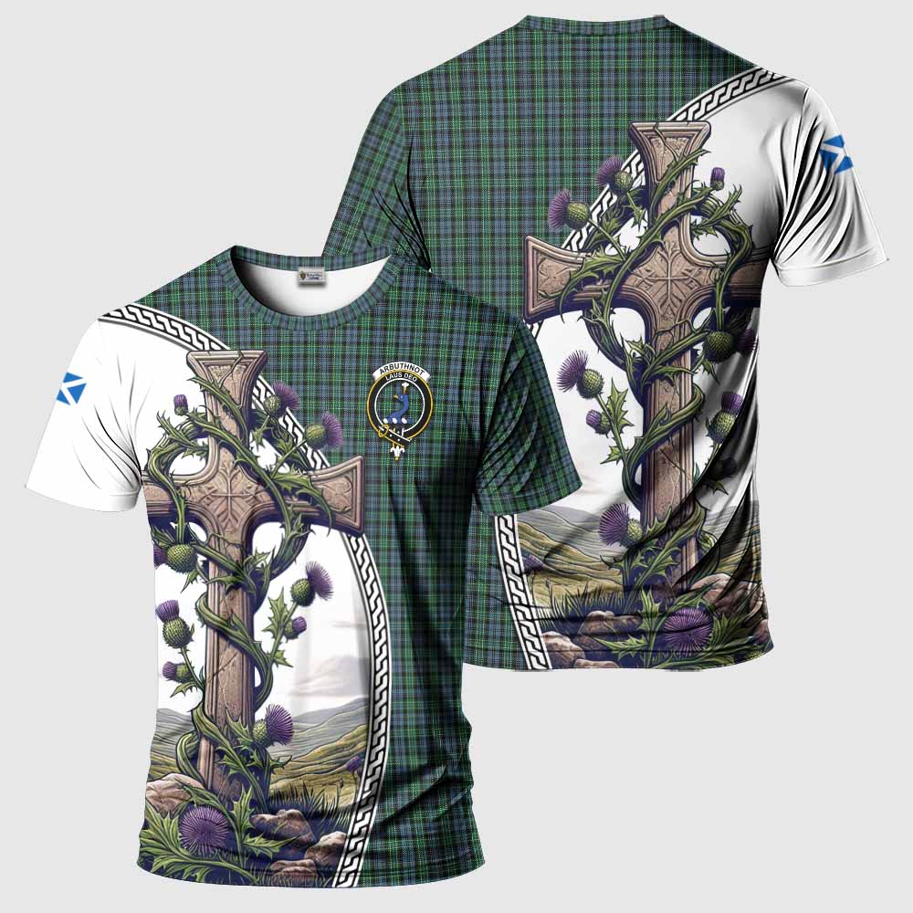 Tartan Vibes Clothing Arbuthnot Agnew Tartan T-Shirt with Family Crest and St. Andrew's Cross Accented by Thistle Vines