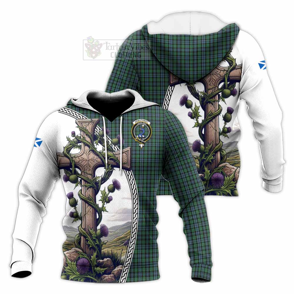 Tartan Vibes Clothing Arbuthnot Tartan Knitted Hoodie with Family Crest and St. Andrew's Cross Accented by Thistle Vines