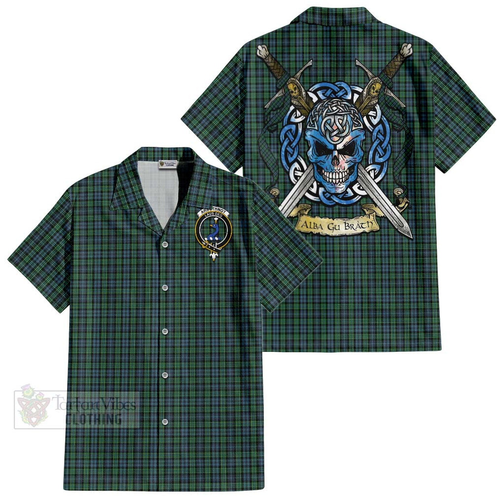 Tartan Vibes Clothing Arbuthnot Tartan Short Sleeve Button Shirt with Family Crest Celtic Skull Style