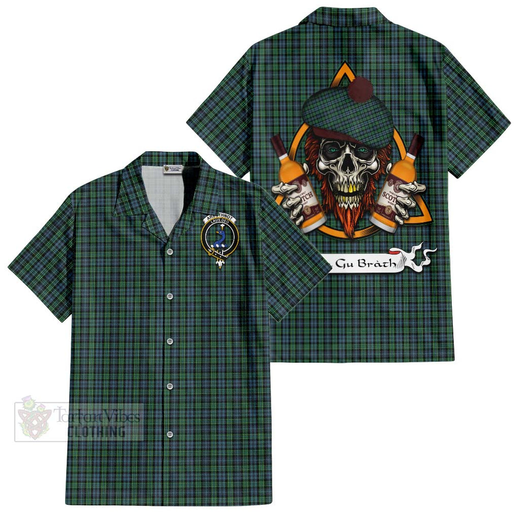 Tartan Vibes Clothing Arbuthnot Tartan Short Sleeve Button Shirt with Family Crest and Bearded Skull Holding Bottles of Whiskey