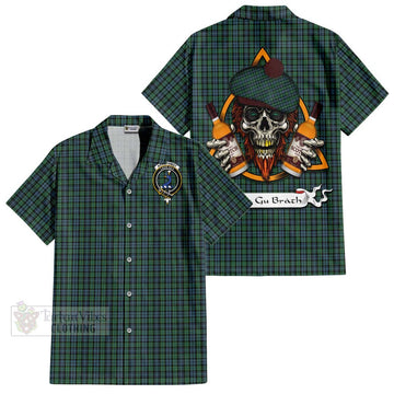 Arbuthnot Tartan Short Sleeve Button Shirt with Family Crest and Bearded Skull Holding Bottles of Whiskey