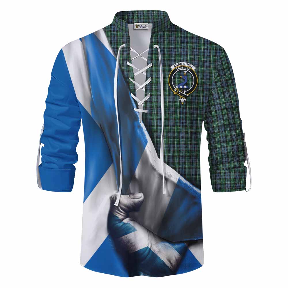 Tartan Vibes Clothing Arbuthnot Tartan Ghillie Kilt Shirt with Family Crest Scotland Patriotic Style