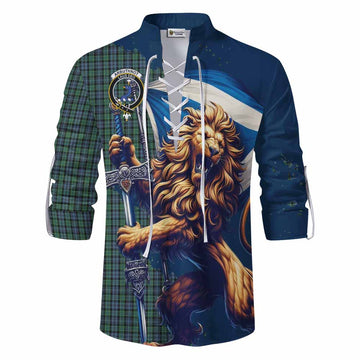 Arbuthnot Tartan Family Crest Ghillie Kilt Shirt with Scottish Majestic Lion