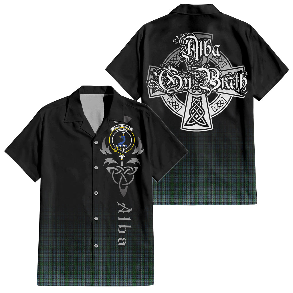 Tartan Vibes Clothing Arbuthnot Tartan Short Sleeve Button Up Featuring Alba Gu Brath Family Crest Celtic Inspired