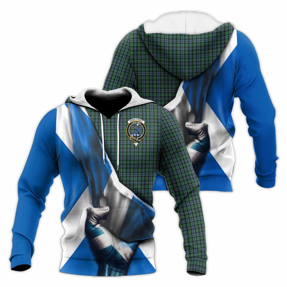 Tartan Vibes Clothing Arbuthnot Tartan Knitted Hoodie with Family Crest Scotland Patriotic Style